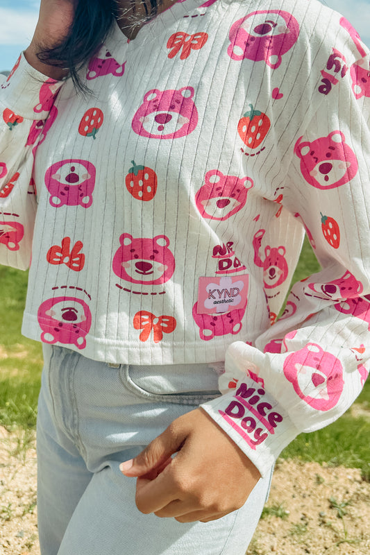 Berry Bear Hugs Balloon Sleeve Crop Pullover