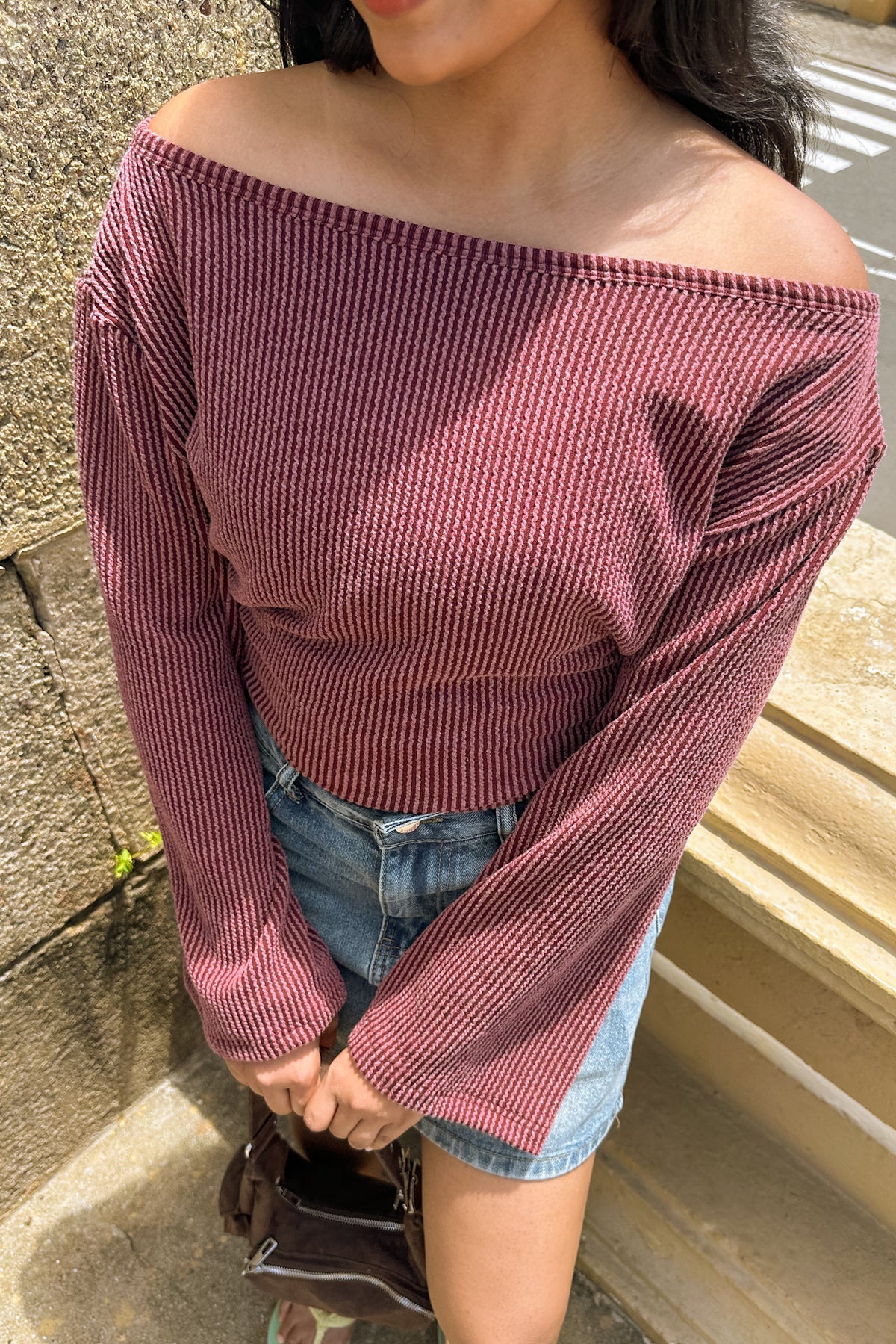 Falling For You Off Shoulder Top Burgundy