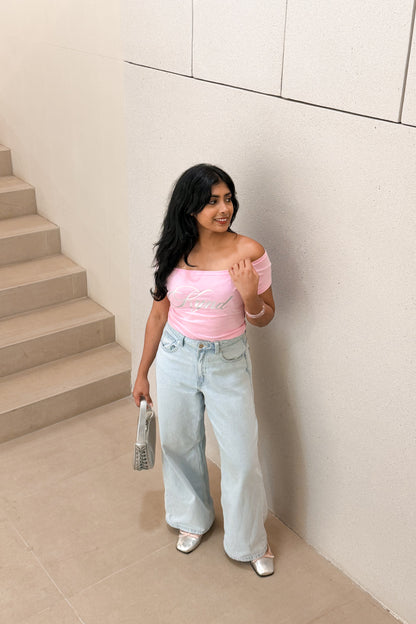 Darling Angel Off Shoulder Crop Tee Pink