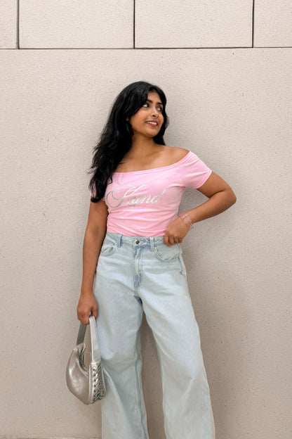 Darling Angel Off Shoulder Crop Tee Pink