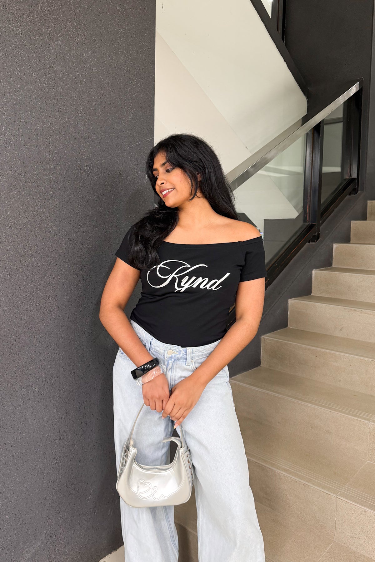 Darling Angel Off Shoulder Crop Tee Jet Black