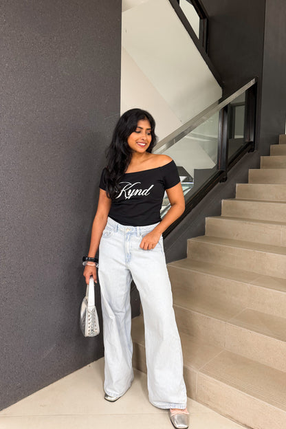 Darling Angel Off Shoulder Crop Tee Jet Black