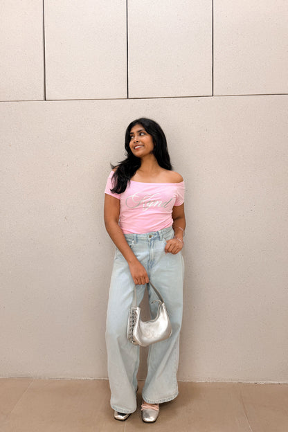 Darling Angel Off Shoulder Crop Tee Pink
