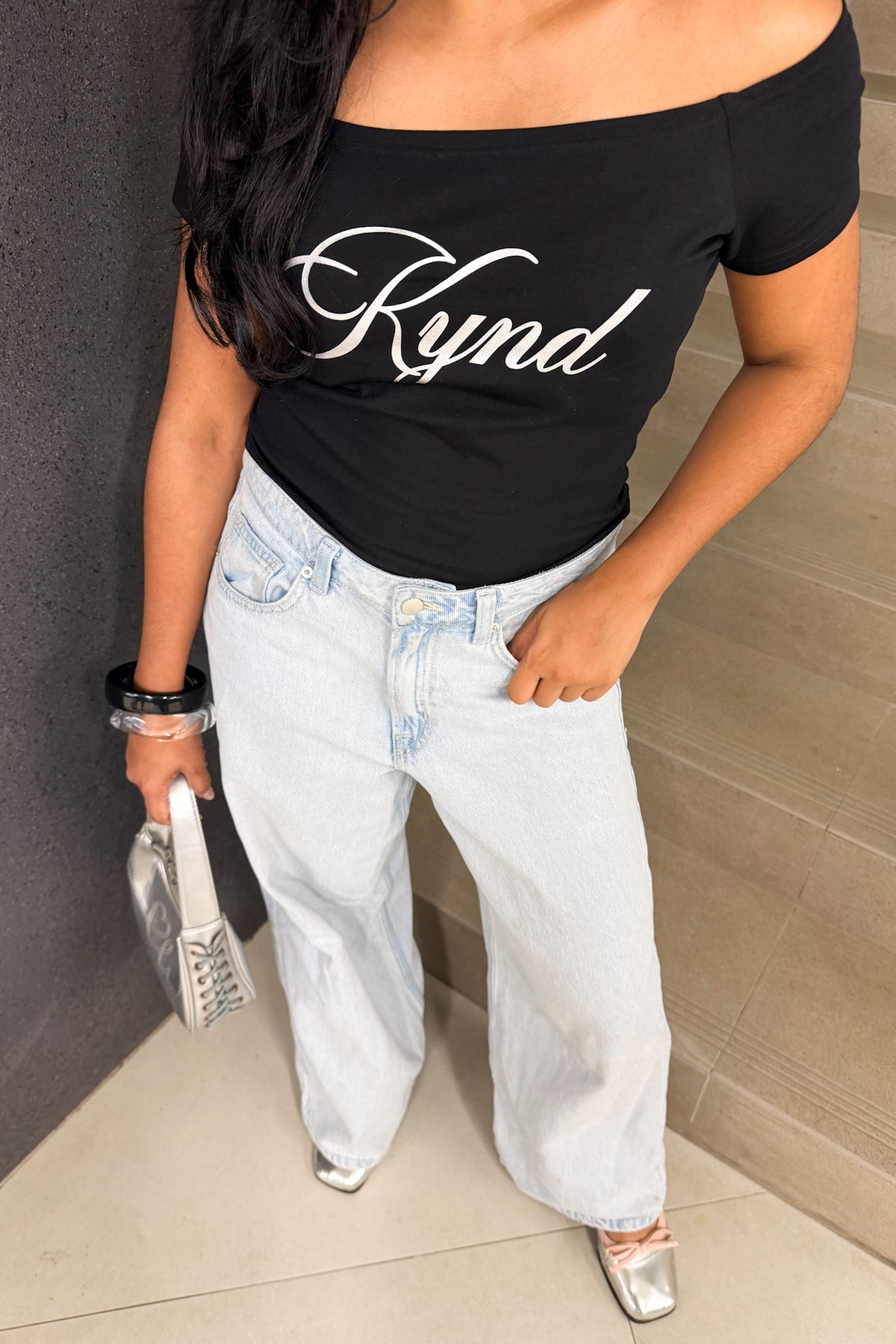 Darling Angel Off Shoulder Crop Tee Jet Black