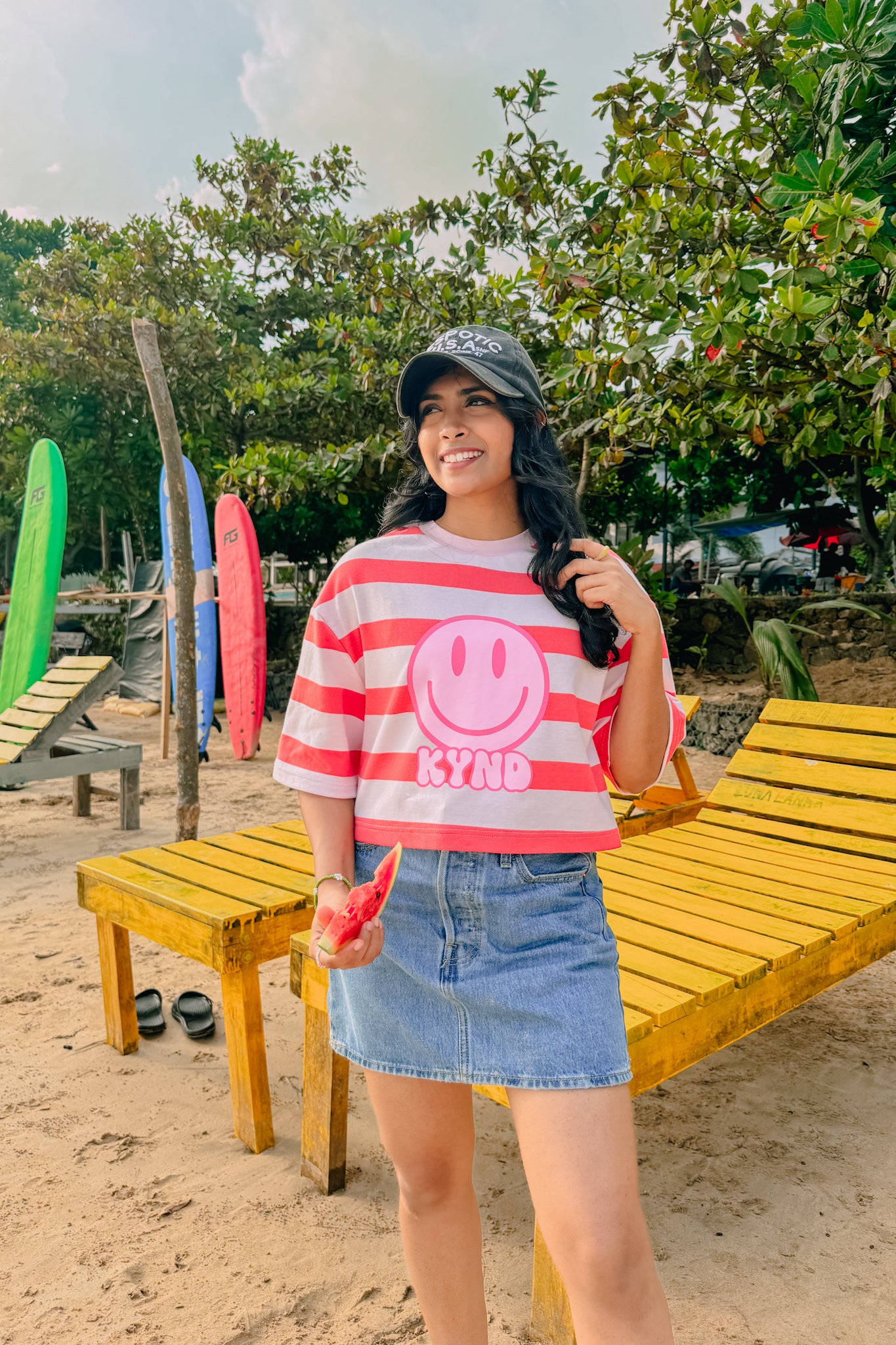 Smiley Stripes Oversize Crop Tee