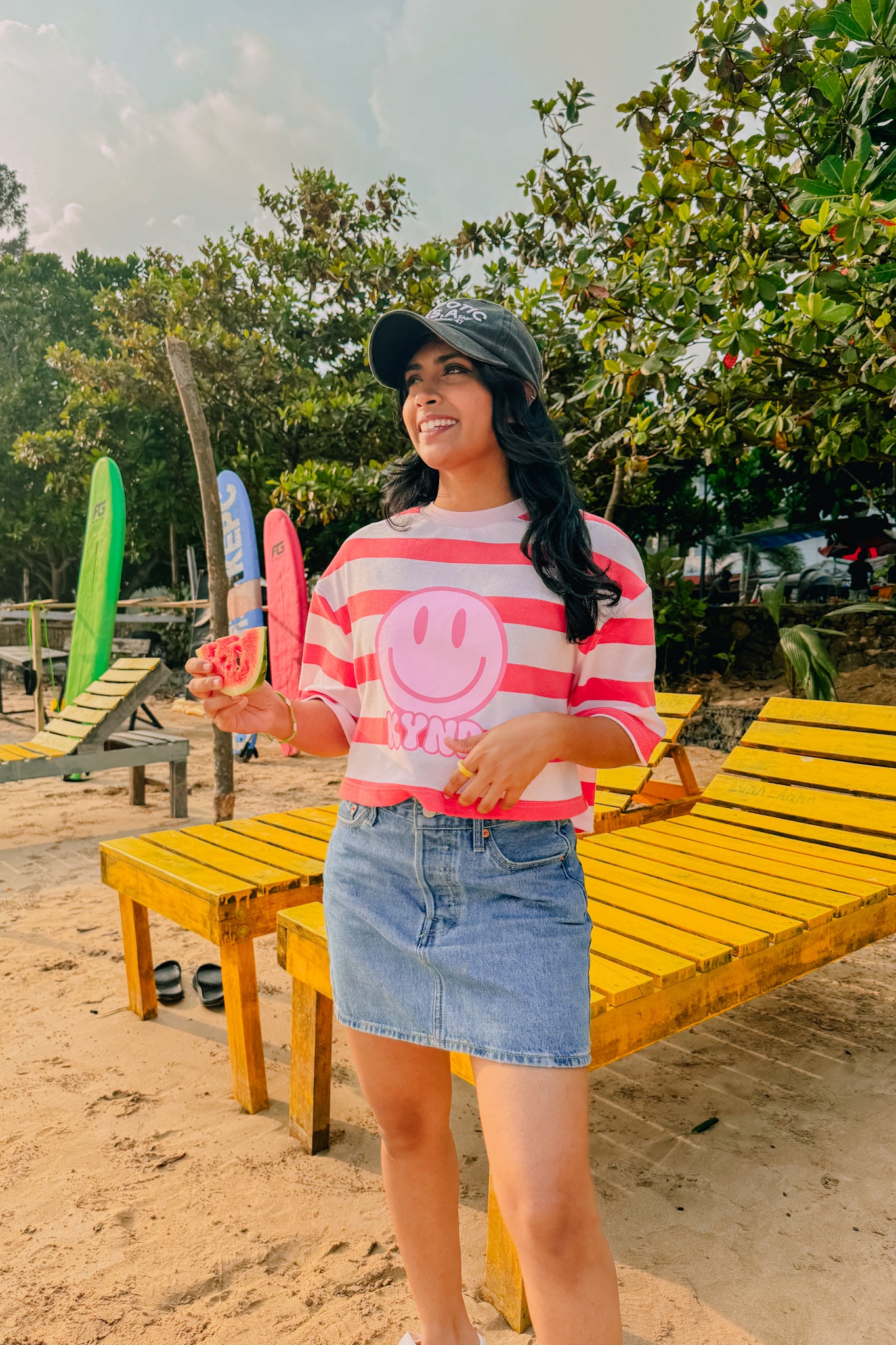 Smiley Stripes Oversize Crop Tee